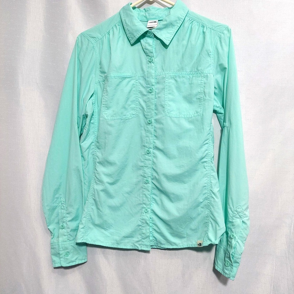The North Face Womens M Blouse Shirt Green Nylon Button Down Pockets Long Sleeve